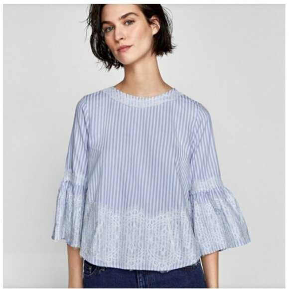 Zara Woman Tops - Zara Woman Blue & White Striped Lace Detail Blouse M